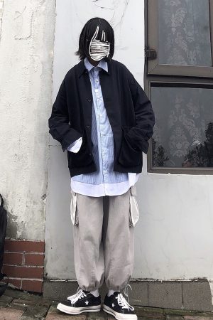 White Tapered Loose Work Pants with Patch Pockets and Drawstring Chain - Casual Lantern Straight Tube Style