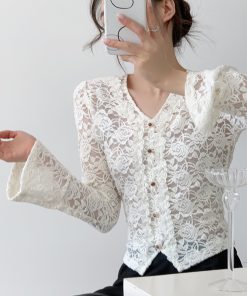 White Velvet Lace High-Quality V-Neck Long Sleeve Shirt for Women - Light Luxury Winter Top