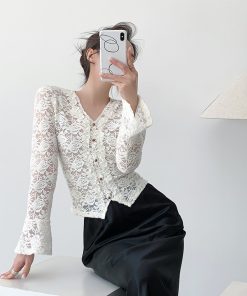 White Velvet Lace High-Quality V-Neck Long Sleeve Shirt for Women - Light Luxury Winter Top