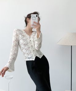 White Velvet Lace High-Quality V-Neck Long Sleeve Shirt for Women - Light Luxury Winter Top