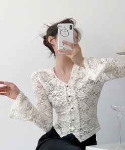 White Velvet Lace High-Quality V-Neck Long Sleeve Shirt for Women - Light Luxury Winter Top