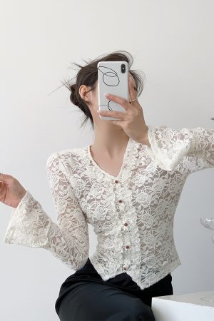 White Velvet Lace High-Quality V-Neck Long Sleeve Shirt for Women - Light Luxury Winter Top