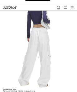 White Wide-Leg Cargo Pants for Women with Large Pockets, Trendy Hip-Hop Straight-Leg Style, American Jazz Fashion