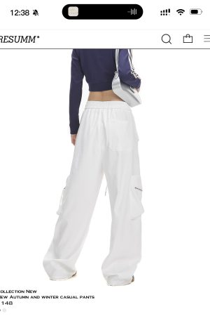 White Wide-Leg Cargo Pants for Women with Large Pockets, Trendy Hip-Hop Straight-Leg Style, American Jazz Fashion
