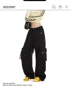 White Wide-Leg Cargo Pants for Women with Large Pockets, Trendy Hip-Hop Straight-Leg Style, American Jazz Fashion