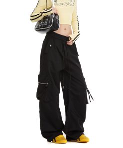 White Wide-Leg Cargo Pants for Women with Large Pockets, Trendy Hip-Hop Straight-Leg Style, American Jazz Fashion