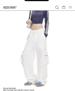 White Wide-Leg Cargo Pants for Women with Large Pockets, Trendy Hip-Hop Straight-Leg Style, American Jazz Fashion