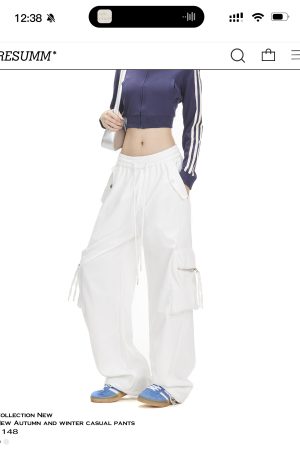White Wide-Leg Cargo Pants for Women with Large Pockets, Trendy Hip-Hop Straight-Leg Style, American Jazz Fashion