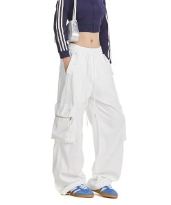 White Wide-Leg Cargo Pants for Women with Large Pockets, Trendy Hip-Hop Straight-Leg Style, American Jazz Fashion