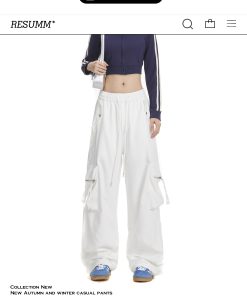 White Wide-Leg Cargo Pants for Women with Large Pockets, Trendy Hip-Hop Straight-Leg Style, American Jazz Fashion