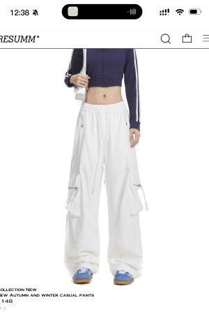 White Wide-Leg Cargo Pants for Women with Large Pockets, Trendy Hip-Hop Straight-Leg Style, American Jazz Fashion