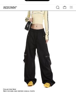 White Wide-Leg Cargo Pants for Women with Large Pockets, Trendy Hip-Hop Straight-Leg Style, American Jazz Fashion