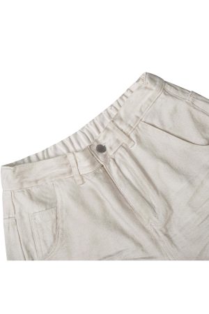 White Wide-Leg Casual Pants with Scratched Cat Whiskers - Baggy Curved Blade Design, Y2K Inspired Denim Trousers for Trendy Style