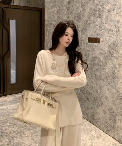 White Wool Knit Sweater and Straight Leg Pants Two-Piece Set for Women, Slim Fit, Chic Style, 90s Inspired Fashion