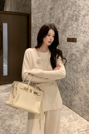 White Wool Knit Sweater and Straight Leg Pants Two-Piece Set for Women, Slim Fit, Chic Style, 90s Inspired Fashion