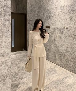 White Wool Knit Sweater and Straight Leg Pants Two-Piece Set for Women, Slim Fit, Chic Style, 90s Inspired Fashion