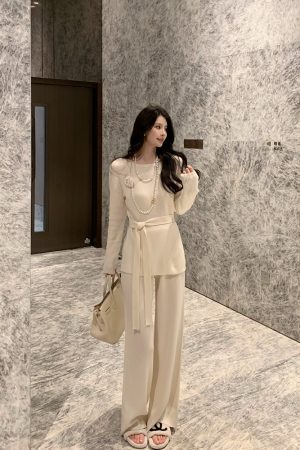 White Wool Knit Sweater and Straight Leg Pants Two-Piece Set for Women, Slim Fit, Chic Style, 90s Inspired Fashion