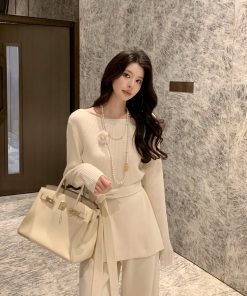 White Wool Knit Sweater and Straight Leg Pants Two-Piece Set for Women, Slim Fit, Chic Style, 90s Inspired Fashion