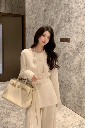 White Wool Knit Sweater and Straight Leg Pants Two-Piece Set for Women, Slim Fit, Chic Style, 90s Inspired Fashion
