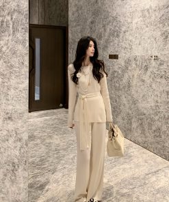 White Wool Knit Sweater and Straight Leg Pants Two-Piece Set for Women, Slim Fit, Chic Style, 90s Inspired Fashion