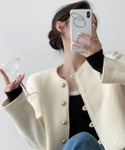 White Woolen Round Neck Coat for Women - High-End Autumn Winter Fashion with Ear Button Design for Small Figures