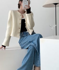 White Woolen Round Neck Coat for Women - High-End Autumn Winter Fashion with Ear Button Design for Small Figures
