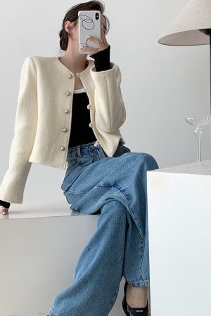 White Woolen Round Neck Coat for Women - High-End Autumn Winter Fashion with Ear Button Design for Small Figures