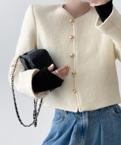 White Woolen Round Neck Coat for Women - High-End Autumn Winter Fashion with Ear Button Design for Small Figures