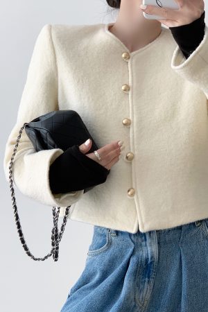White Woolen Round Neck Coat for Women - High-End Autumn Winter Fashion with Ear Button Design for Small Figures