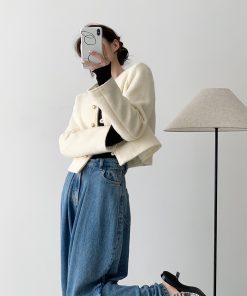 White Woolen Round Neck Coat for Women - High-End Autumn Winter Fashion with Ear Button Design for Small Figures