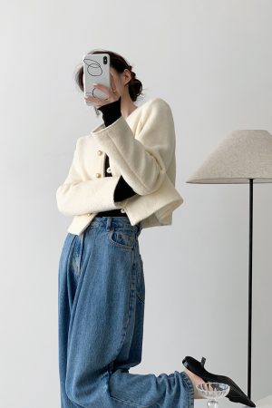 White Woolen Round Neck Coat for Women - High-End Autumn Winter Fashion with Ear Button Design for Small Figures