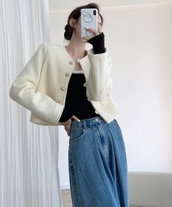 White Woolen Round Neck Coat for Women - High-End Autumn Winter Fashion with Ear Button Design for Small Figures