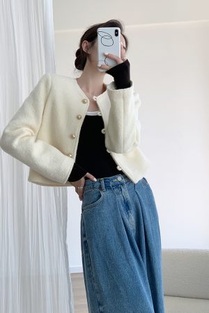White Woolen Round Neck Coat for Women - High-End Autumn Winter Fashion with Ear Button Design for Small Figures
