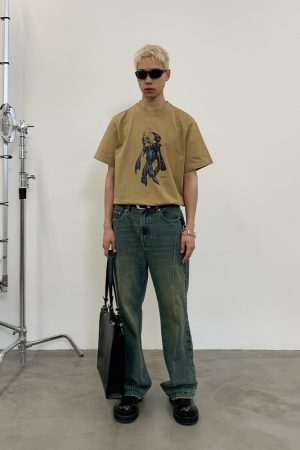 White/Khaki Biochemical Human Print Short Sleeve T-Shirt - 90s Inspired Graphic Tee, Casual Streetwear Style