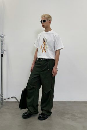 White/Khaki Biochemical Human Print Short Sleeve T-Shirt - 90s Inspired Graphic Tee, Casual Streetwear Style