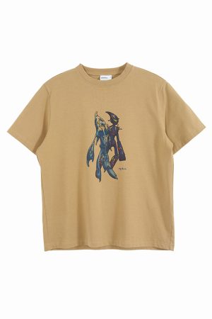 White/Khaki Biochemical Human Print Short Sleeve T-Shirt - 90s Inspired Graphic Tee, Casual Streetwear Style
