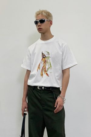 White/Khaki Biochemical Human Print Short Sleeve T-Shirt - 90s Inspired Graphic Tee, Casual Streetwear Style