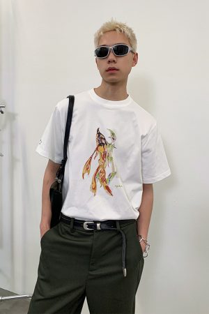 White/Khaki Biochemical Human Print Short Sleeve T-Shirt - 90s Inspired Graphic Tee, Casual Streetwear Style
