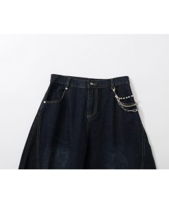 Wide-Leg Curved Denim Pants with Chain Decoration - American Street Style Coating Wash, Trendy 90s Vintage Look