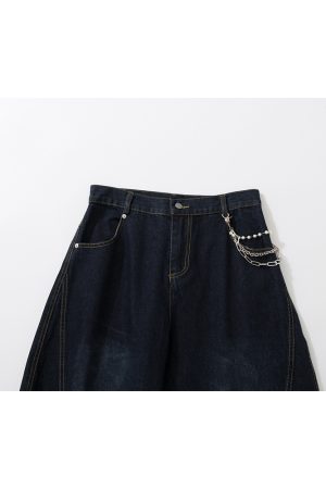 Wide-Leg Curved Denim Pants with Chain Decoration - American Street Style Coating Wash, Trendy 90s Vintage Look