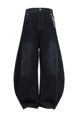 Wide-Leg Curved Denim Pants with Chain Decoration - American Street Style Coating Wash, Trendy 90s Vintage Look