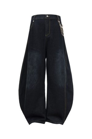 Wide-Leg Curved Denim Pants with Chain Decoration - American Street Style Coating Wash, Trendy 90s Vintage Look