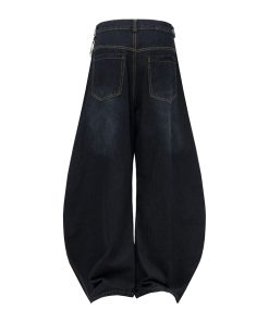 Wide-Leg Curved Denim Pants with Chain Decoration - American Street Style Coating Wash, Trendy 90s Vintage Look