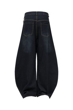Wide-Leg Curved Denim Pants with Chain Decoration - American Street Style Coating Wash, Trendy 90s Vintage Look