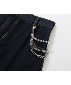 Wide-Leg Curved Denim Pants with Chain Decoration - American Street Style Coating Wash, Trendy 90s Vintage Look