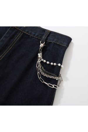Wide-Leg Curved Denim Pants with Chain Decoration - American Street Style Coating Wash, Trendy 90s Vintage Look