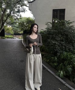 Wide-Leg Denim Pants for Women - Loose Versatile Casual Style, Gathered Draping, Washed Floor-Length Trousers for Spring Summer