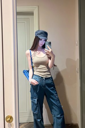 Wide-Leg Denim Pants for Women - Summer Retro Maximalism Pure Cotton Workwear with Multi-Pockets