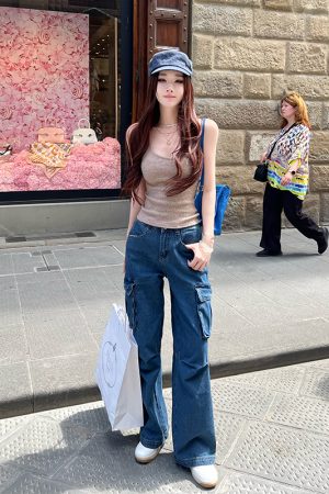 Wide-Leg Denim Pants for Women - Summer Retro Maximalism Pure Cotton Workwear with Multi-Pockets