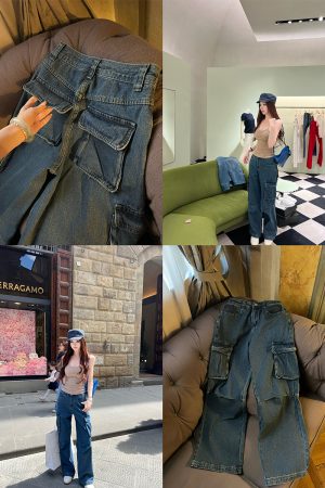 Wide-Leg Denim Pants for Women - Summer Retro Maximalism Pure Cotton Workwear with Multi-Pockets